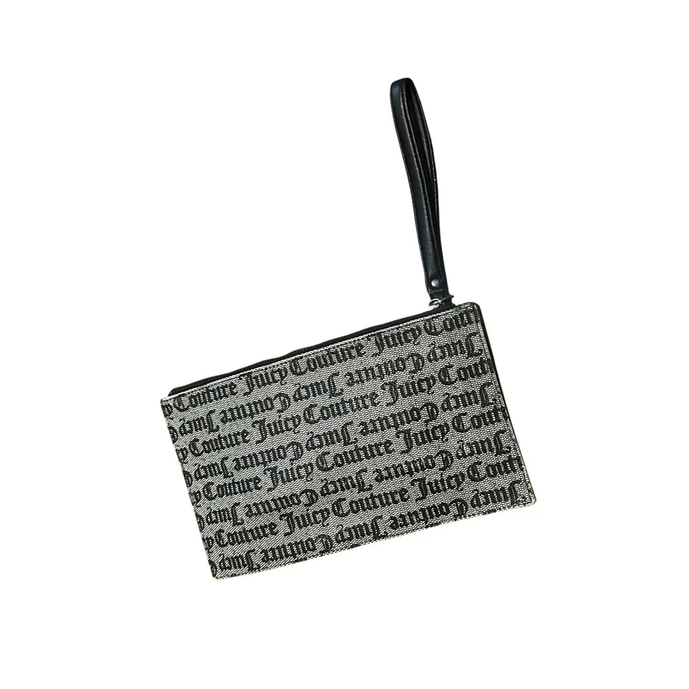Juicy Couture Gothic Monogram Wristlet Pouch Black Grey Logo Heart Zip Clutch